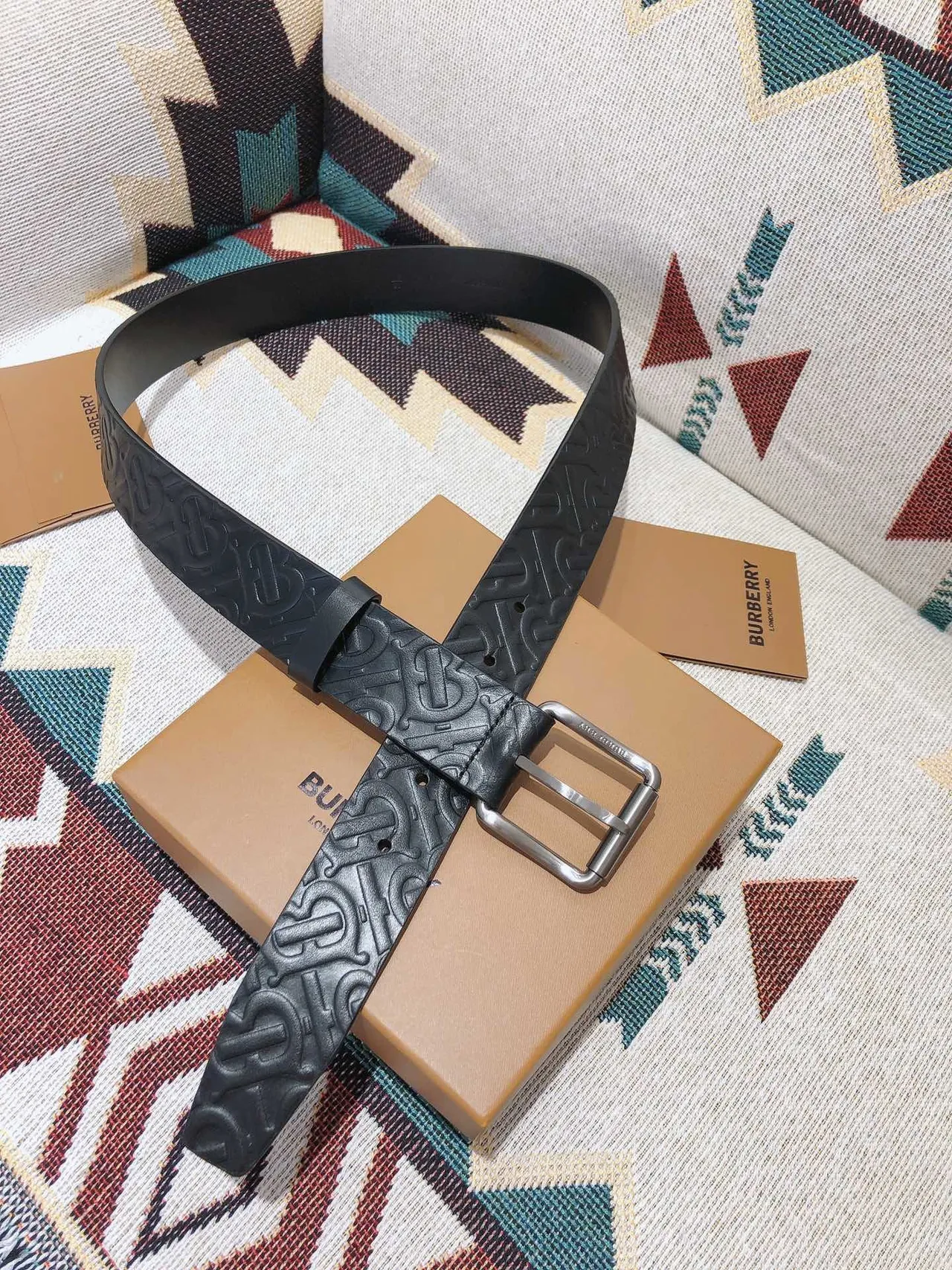 Burberry Knight Black Silver Embossed Monogram Buckle Leather Belt 4