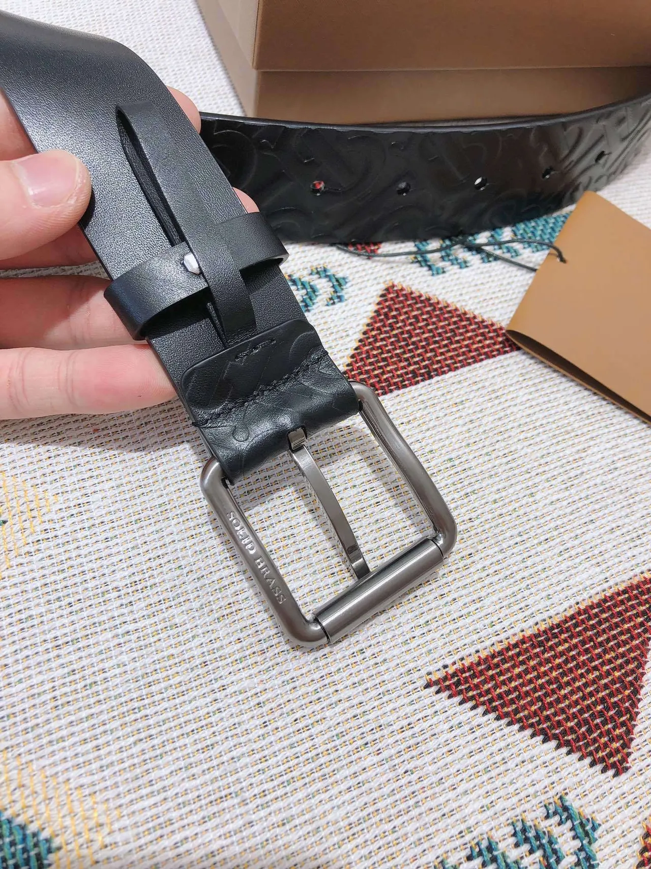 Burberry Knight Black Silver Embossed Monogram Buckle Leather Belt 5