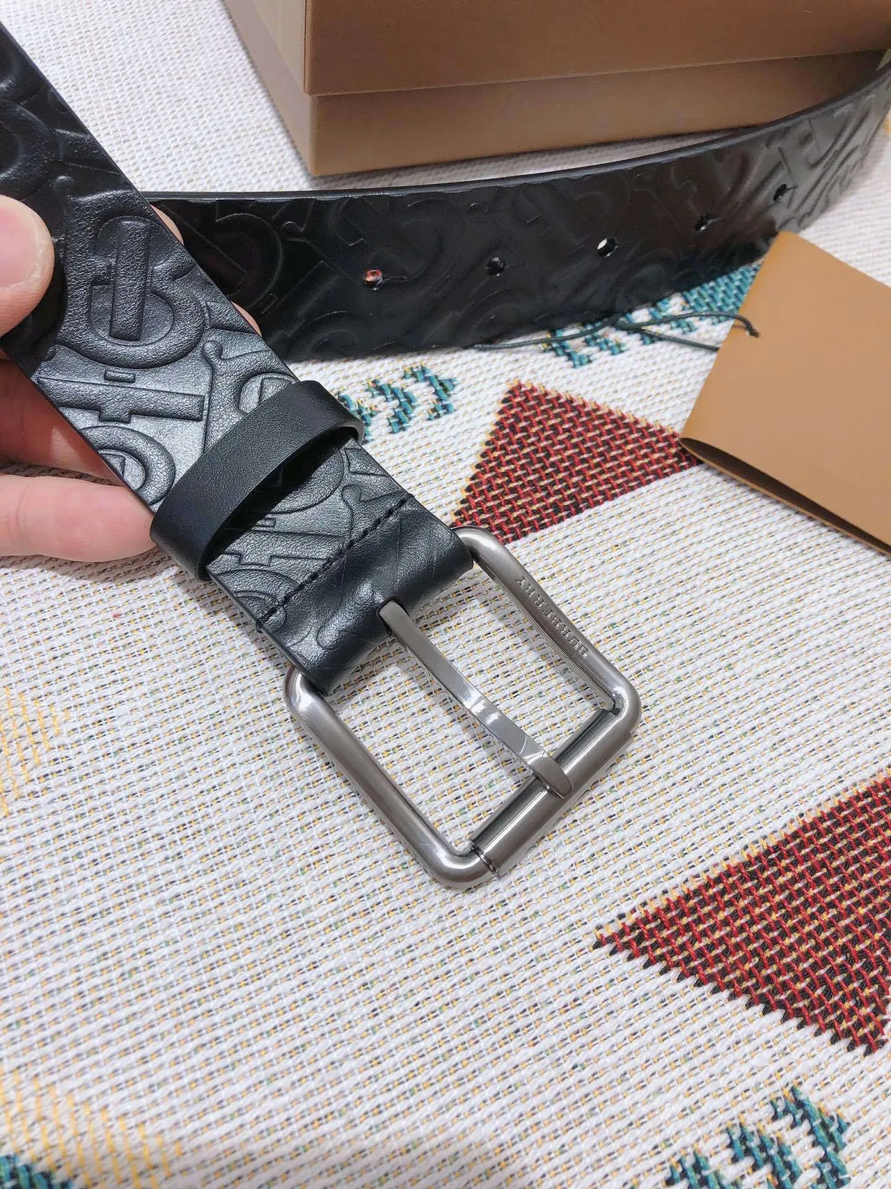 Burberry Knight Black Silver Embossed Monogram Buckle Leather Belt 6