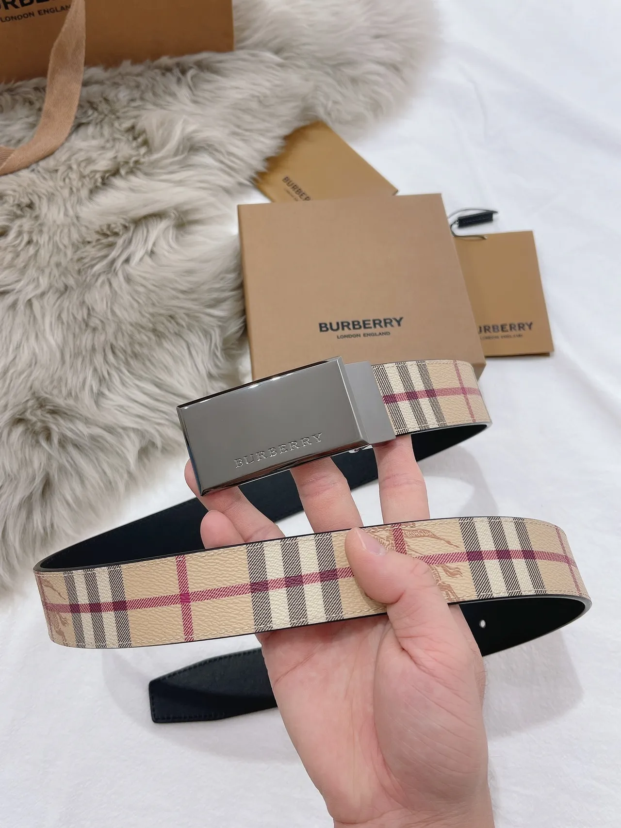 Burberry Knight Check Pattern Beige and Black Leather Belt 2