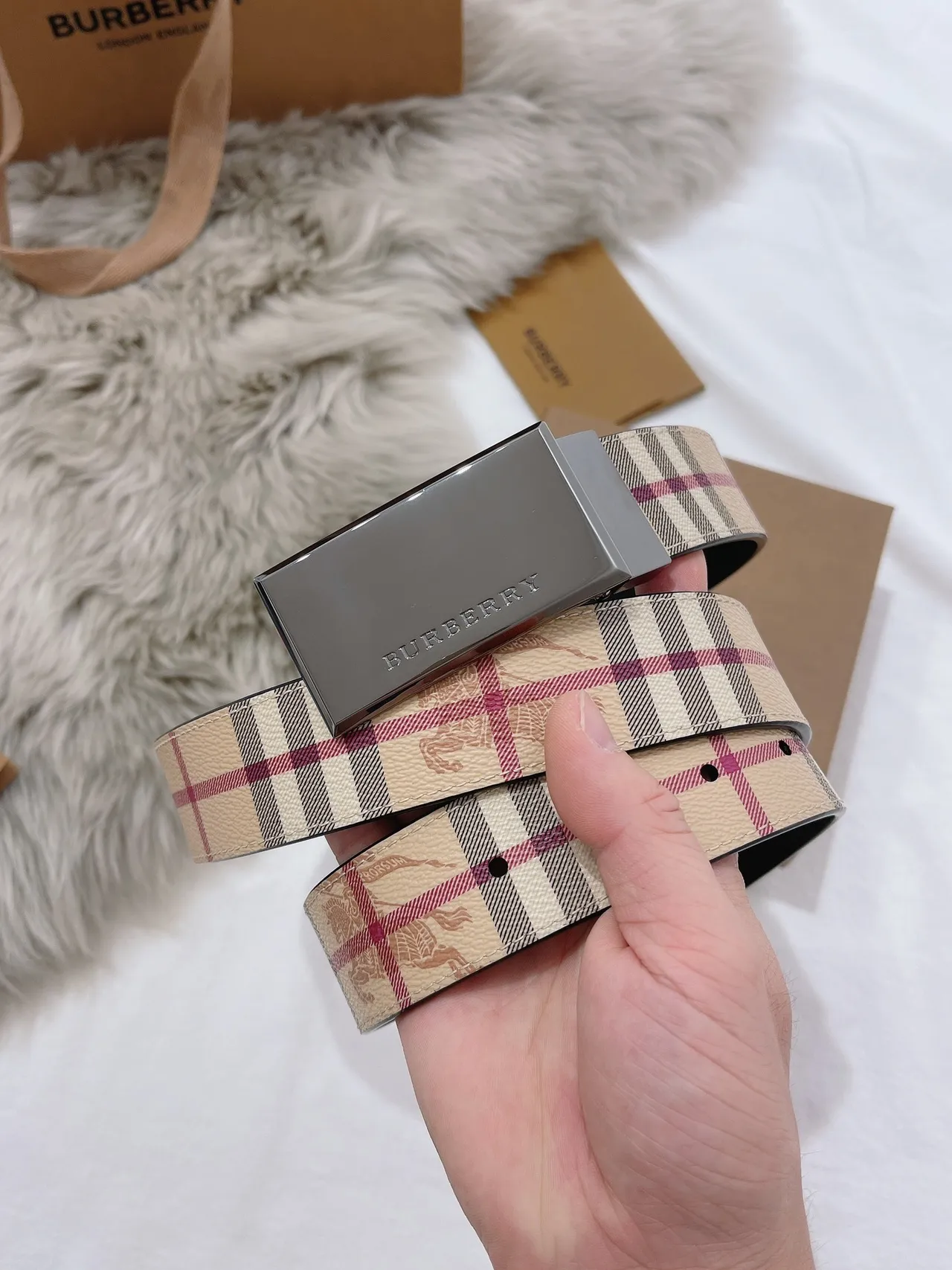 Burberry Knight Check Pattern Beige and Black Leather Belt 3