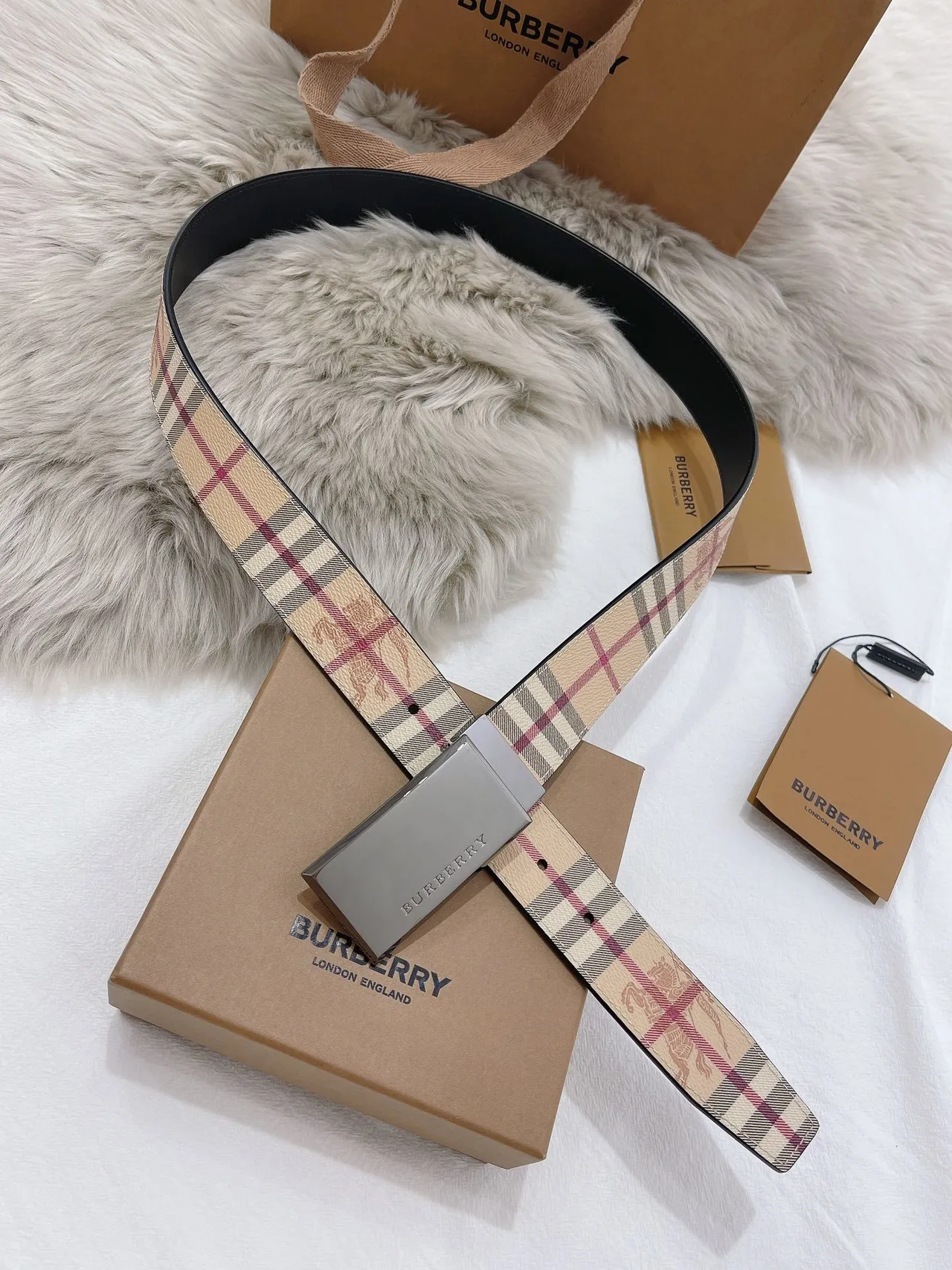 Burberry Knight Check Pattern Beige and Black Leather Belt 4