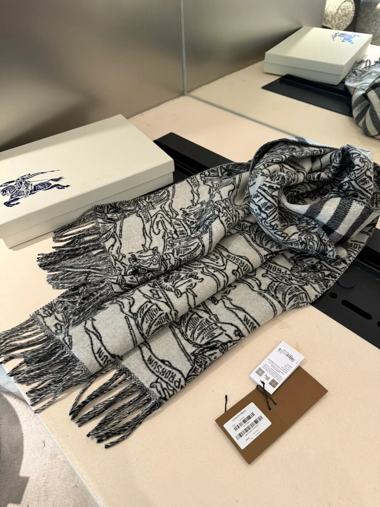 Écharpe Burberry Cachemire à impression équestre en gris knight et noir 8