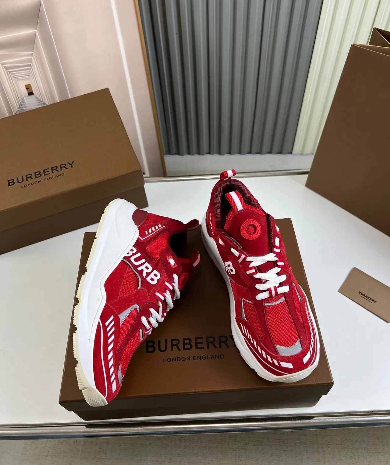 Burberry Knight Red White Sole Mixed-Material Upper Chunky Sneakers 5