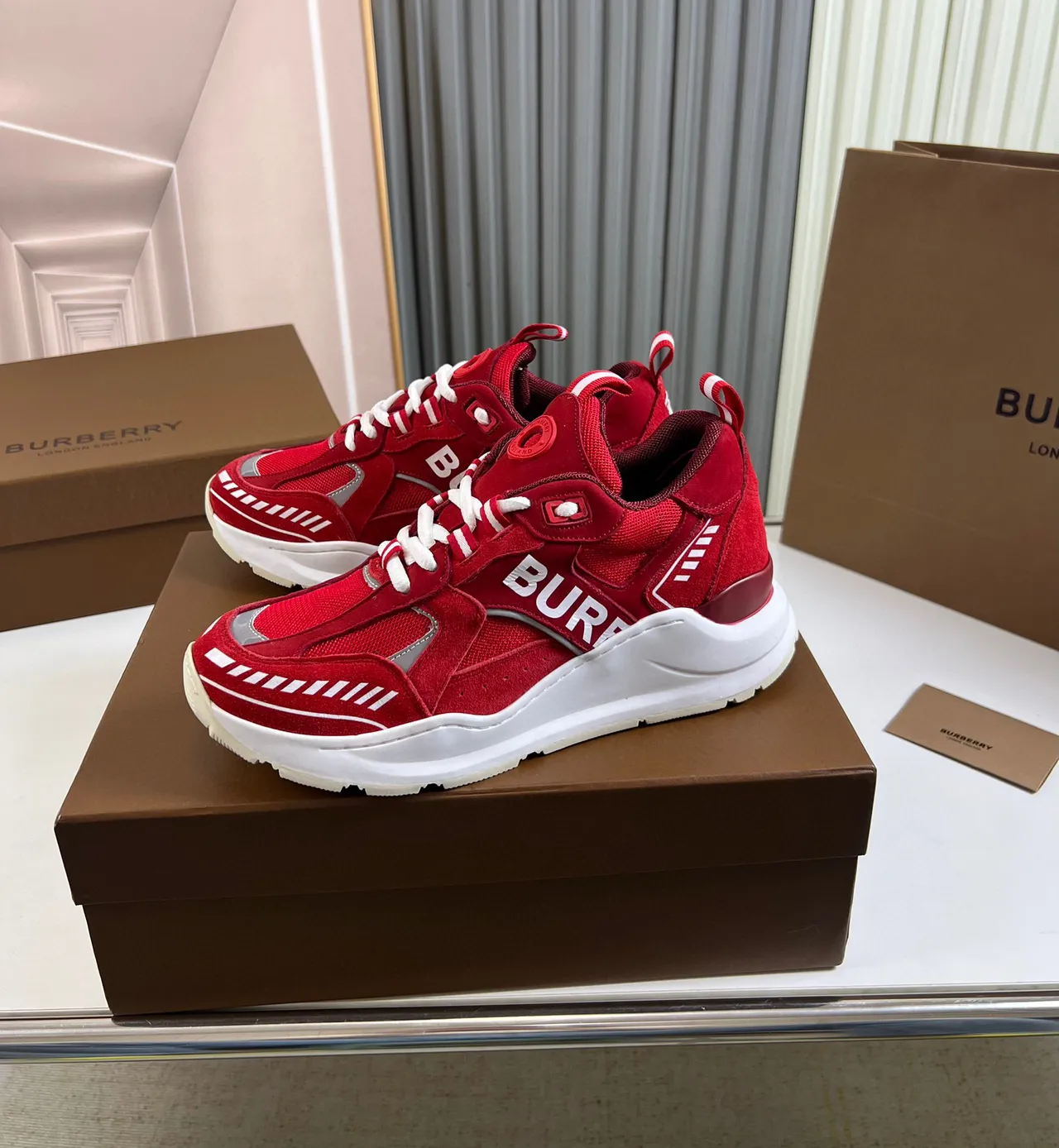 Burberry Knight Red White Sole Mixed-Material Upper Chunky Sneakers 8