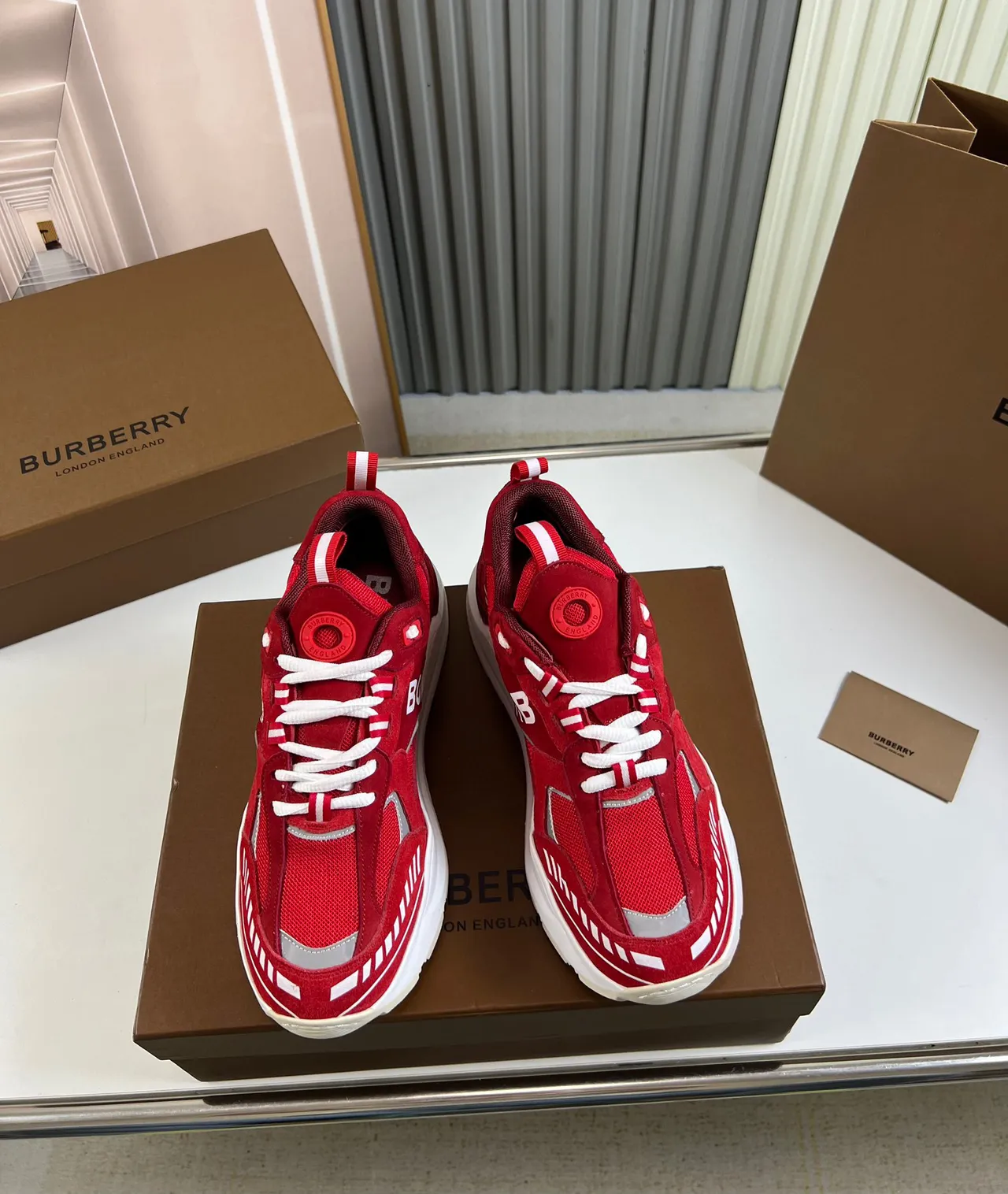 Burberry Knight Red White Sole Mixed-Material Upper Chunky Sneakers 9