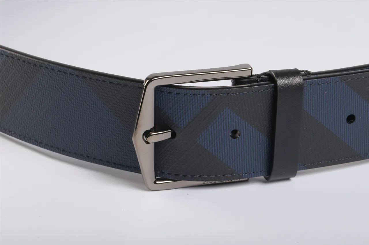 Burberry Navy Black Geometric Check Pattern Polished Rectangular Buckle Leather Belt 7