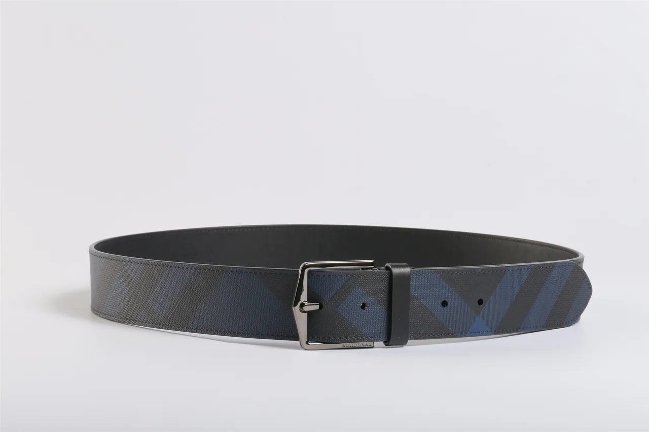 Burberry Navy Black Geometric Check Pattern Polished Rectangular Buckle Leather Belt 9