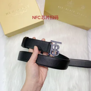 Burberry TB Belt Black Silver Textured Monogram Buckle Leather Belt