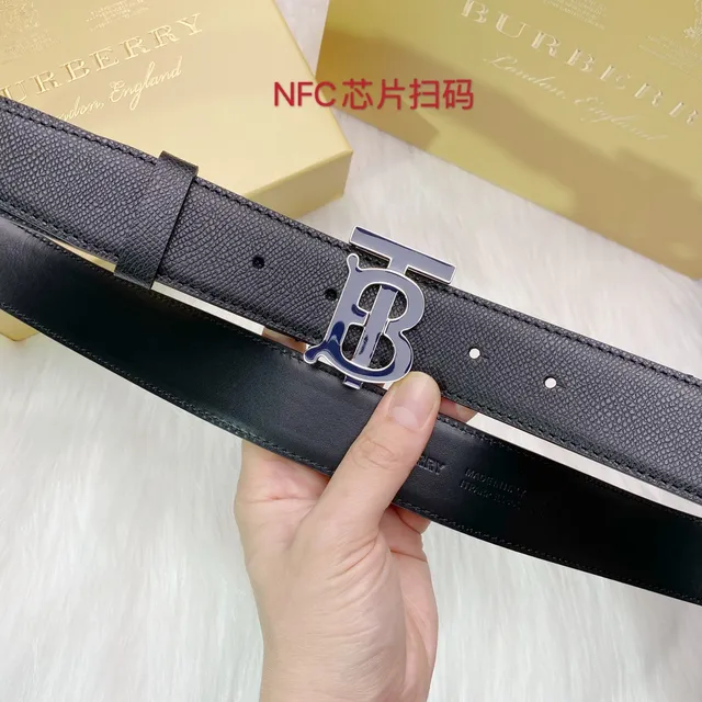 Burberry TB Ceinture Noir Argenté Texturé Boucle Monogramme Ceinture Cuir 3