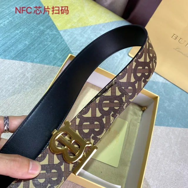 Burberry TB Monogram Belt Brown Beige Gold-Tone Buckle Canvas Belt 2