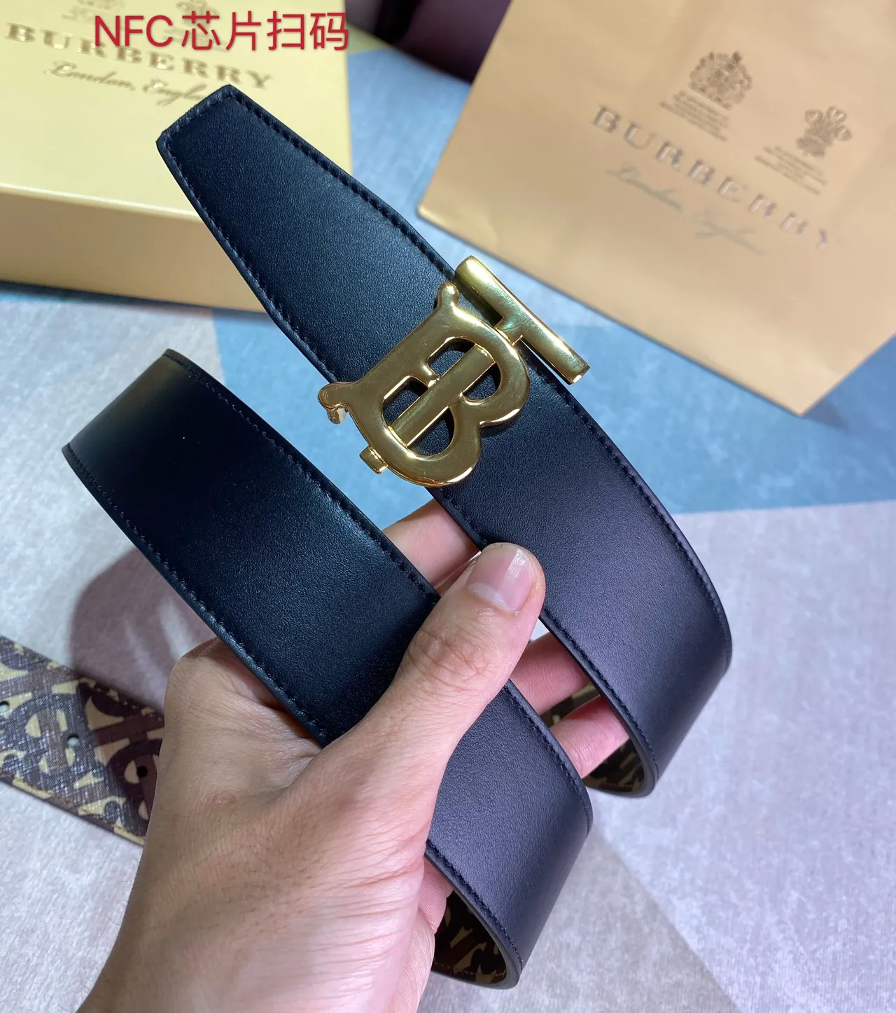 Burberry TB Monogram Belt Brown Beige Gold-Tone Buckle Canvas Belt 3