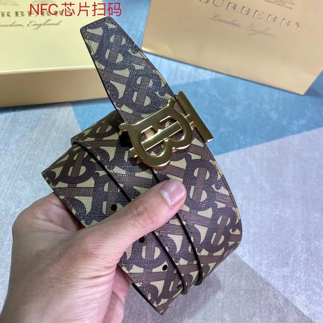 Burberry TB Monogram Belt Brown Beige Gold-Tone Buckle Canvas Belt 4