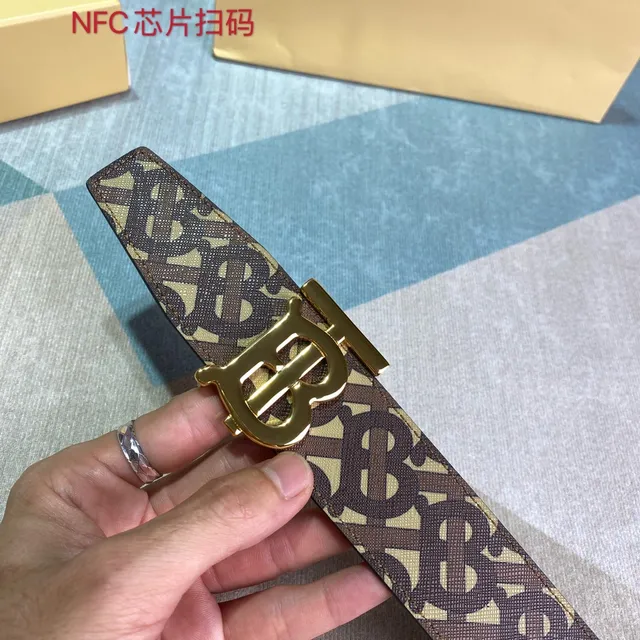 Burberry TB Monogram Belt Brown Beige Gold-Tone Buckle Canvas Belt 7