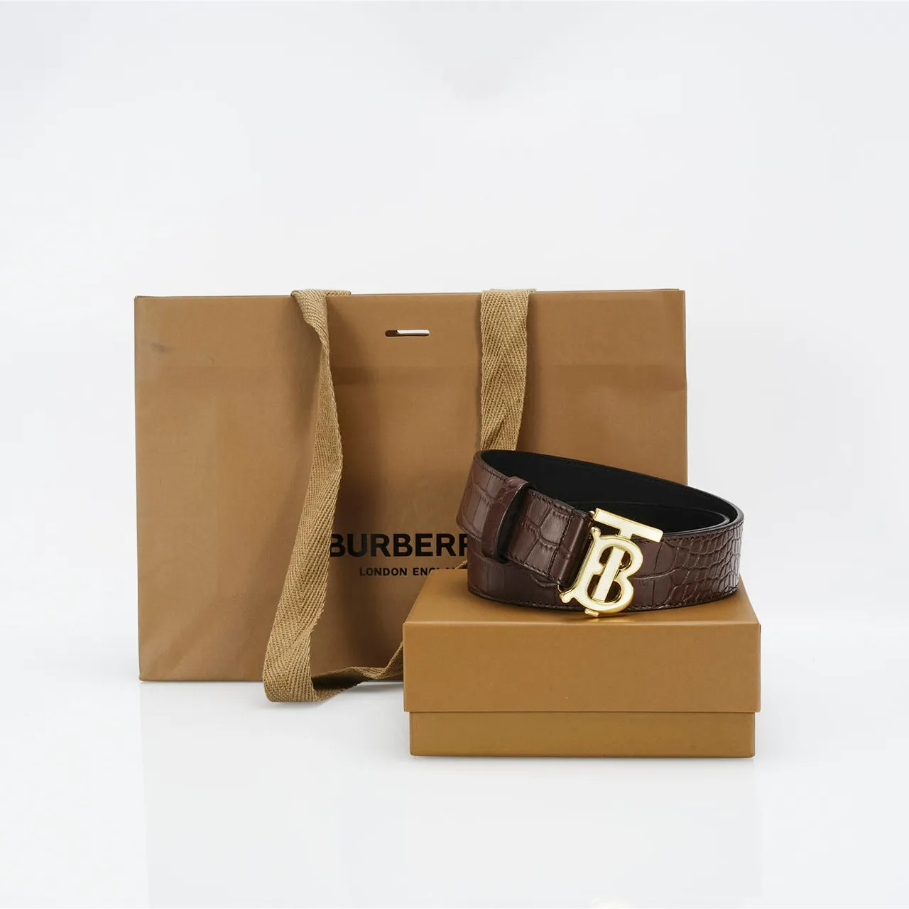 Ceinture Burberry TB Monogram en cuir marron avec boucle crocodile embossée en or 2