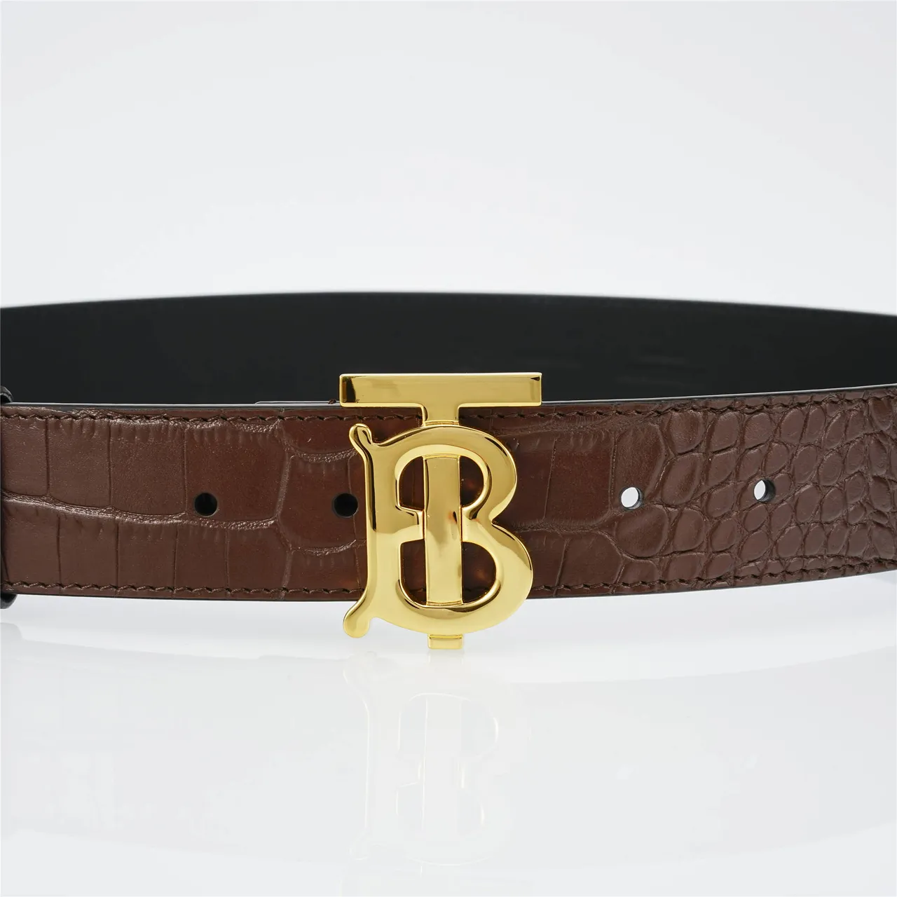 Ceinture Burberry TB Monogram en cuir marron avec boucle crocodile embossée en or 7