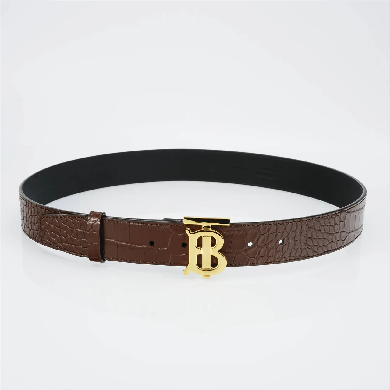 Ceinture Burberry TB Monogram en cuir marron avec boucle crocodile embossée en or 8