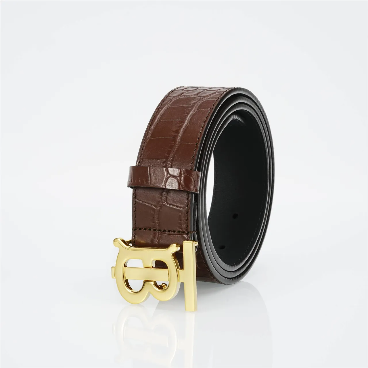 Ceinture Burberry TB Monogram en cuir marron avec boucle crocodile embossée en or 9