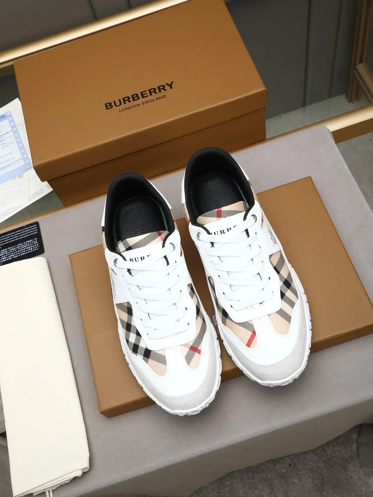 Burberry Branco Bege House Check Paneling Camurça E Couro Mistura Lifestyle Sneakers 2