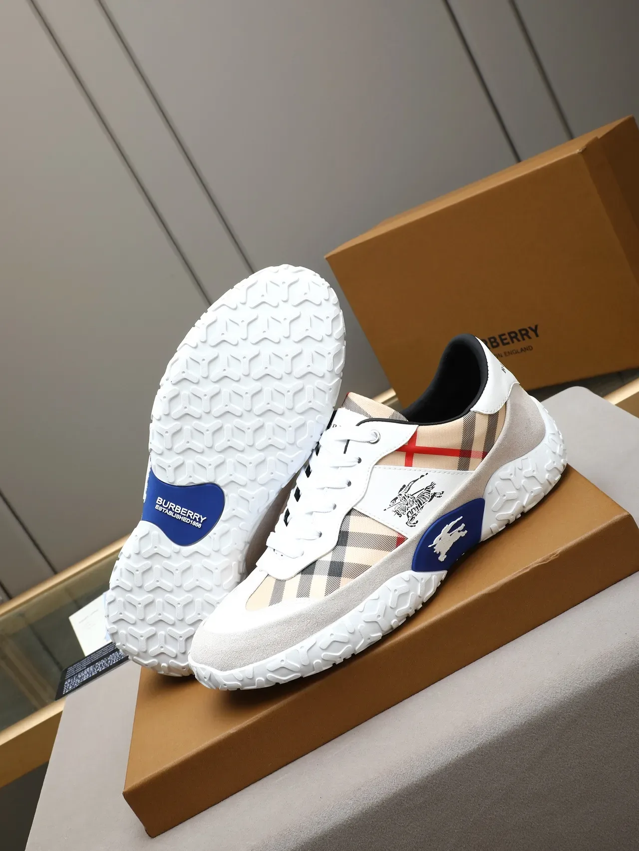 Burberry Branco Bege House Check Paneling Camurça E Couro Mistura Lifestyle Sneakers 4