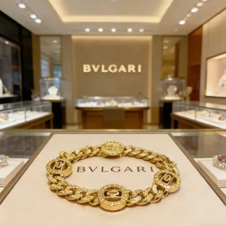 Bvlgari Gold Chunky Curb-Link Chain Three Engraved Medallion Motifs Bracelet