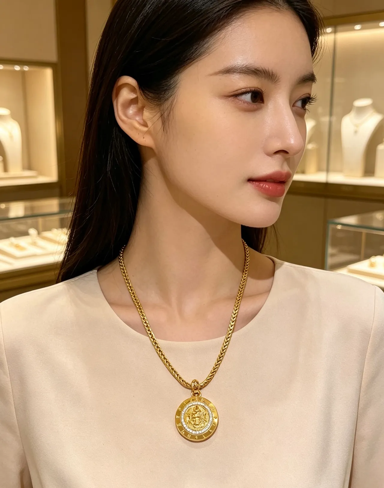 Bvlgari Medaglione Collier de médaillon de pièce style chaîne Franco dorée blanche tressée 2