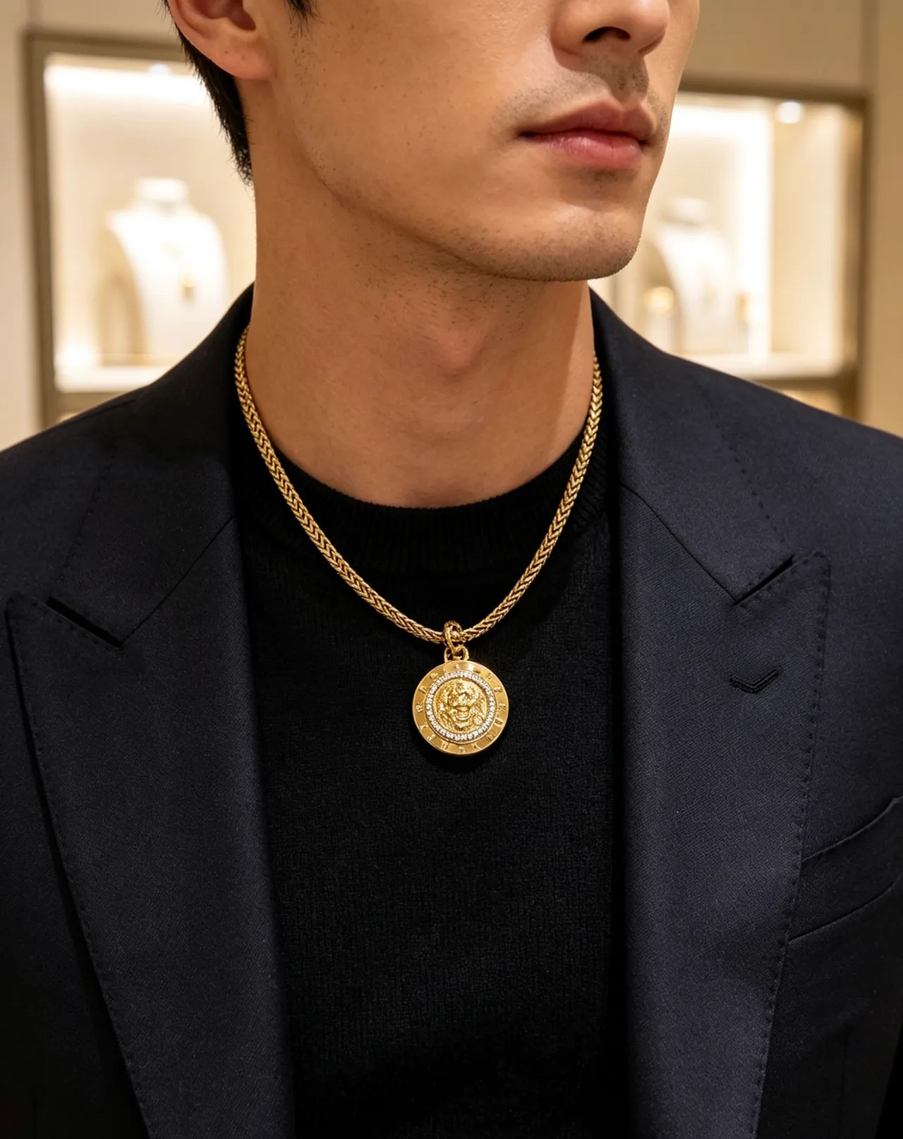 Bvlgari Medaglione Collier de médaillon de pièce style chaîne Franco dorée blanche tressée 5