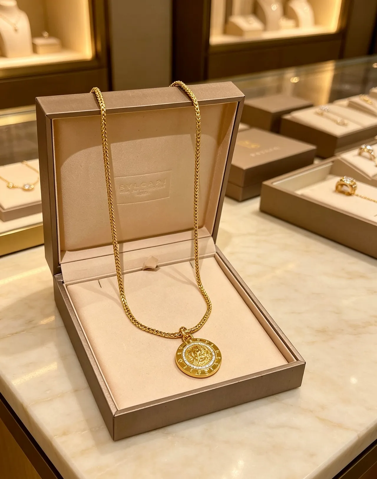 Bvlgari Medaglione Collier de médaillon de pièce style chaîne Franco dorée blanche tressée 6