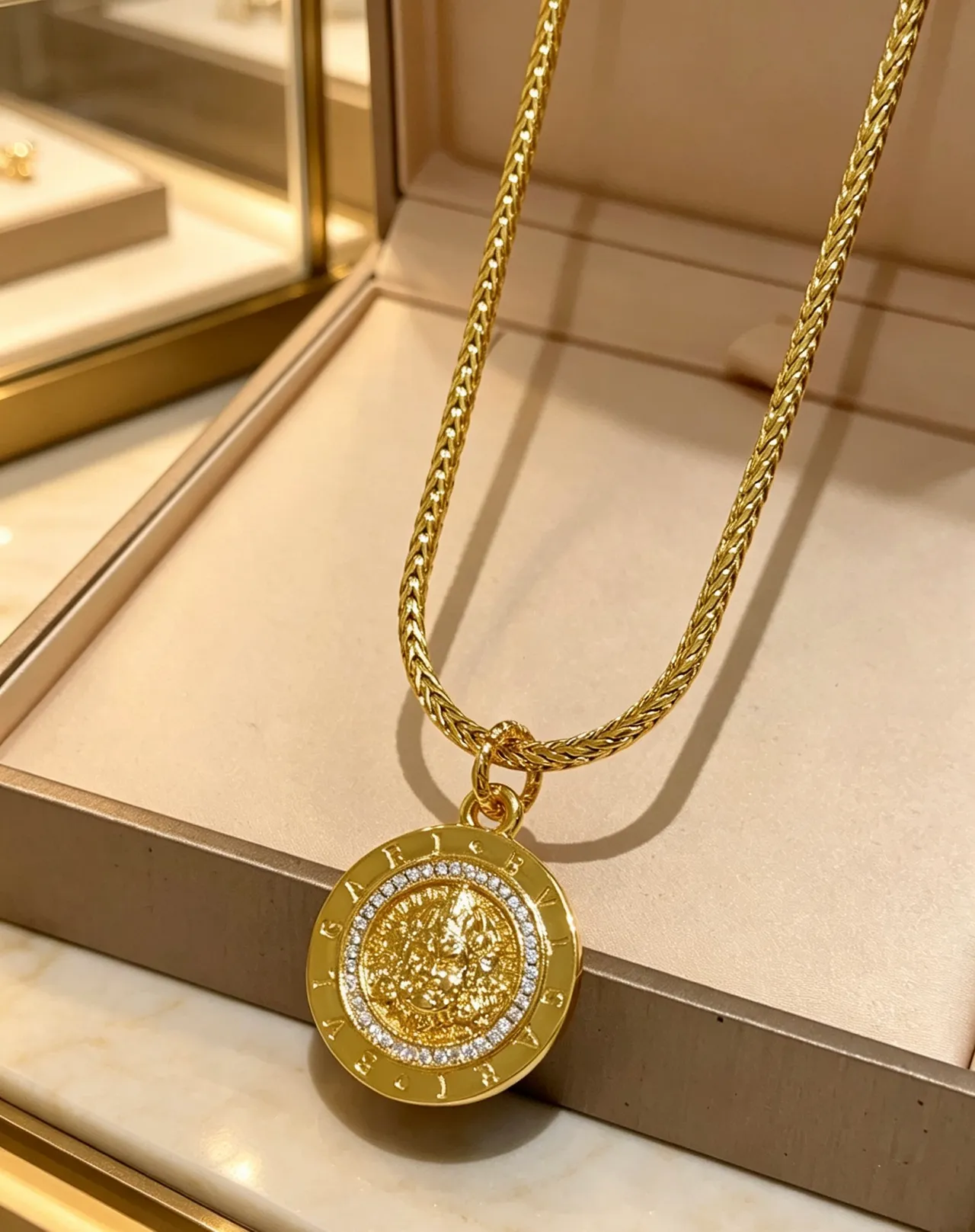 Bvlgari Medaglione Collier de médaillon de pièce style chaîne Franco dorée blanche tressée 9