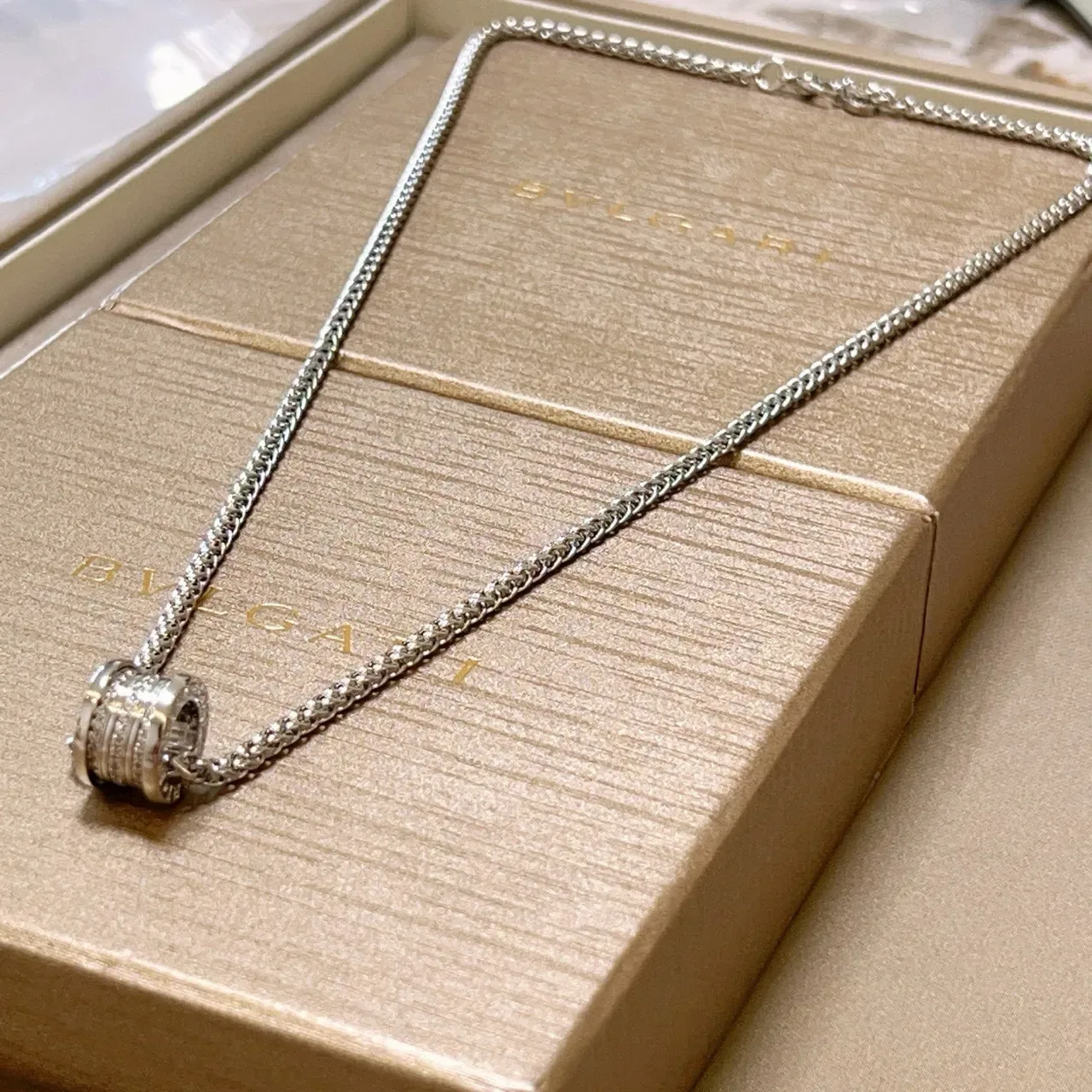 Bvlgari Silver Beige Chain Cylindrical Pavé Pendant Necklace 4