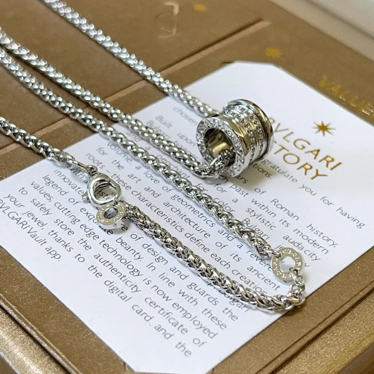 Bvlgari Silver Beige Chain Cylindrical Pavé Pendant Necklace 6