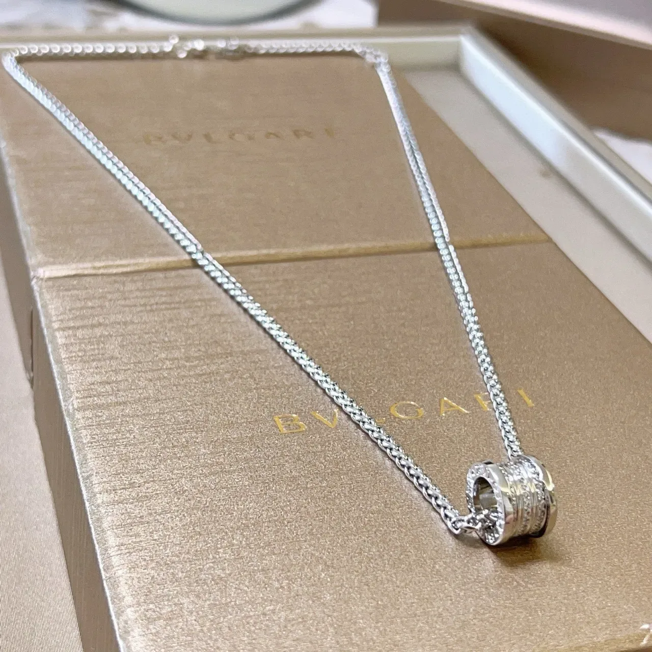 Bvlgari Silver Beige Chain Cylindrical Pavé Pendant Necklace 7