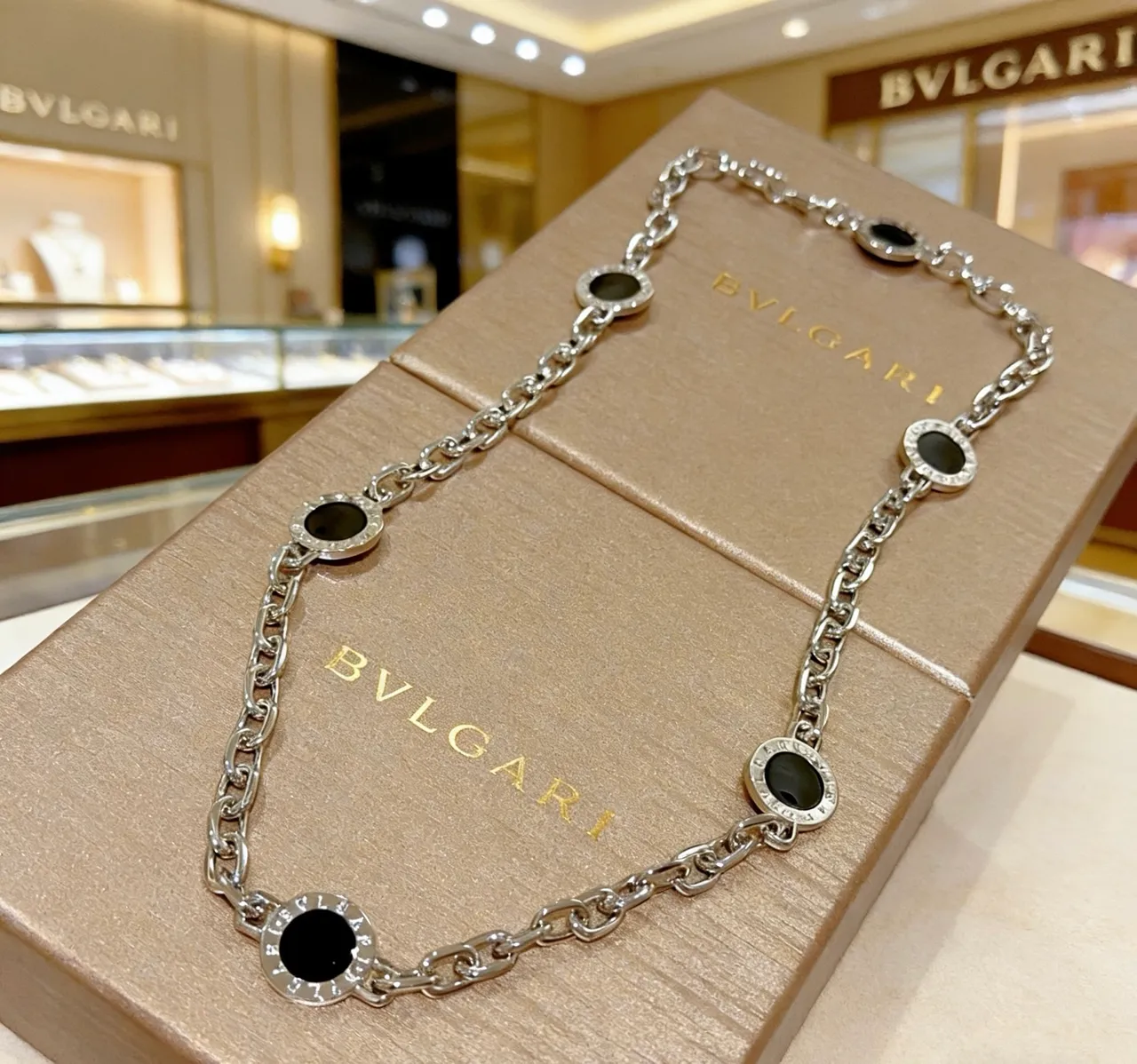 Bvlgari Silver Black Chain-Link Circular Medallion Necklace 3