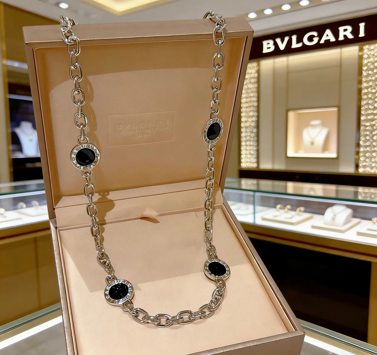 Bvlgari Silver Black Chain-Link Circular Medallion Necklace 6