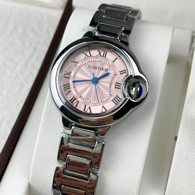Cartier Ballon Bleu Rose Argent Boîtier Rond Protection Couronne Collier 8