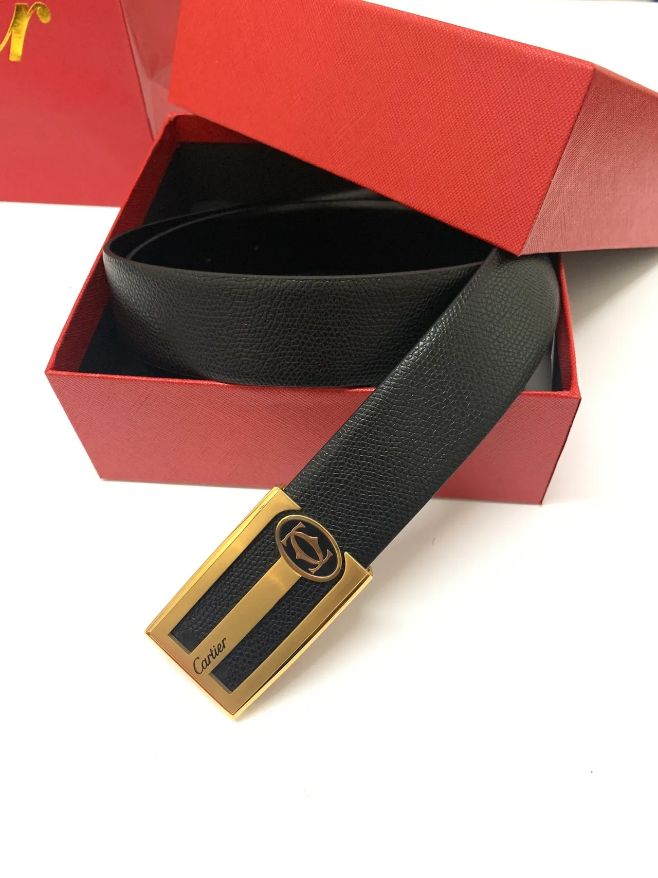 Cartier Black Gold Pebbled Rectangular Buckle Leather Belt 2