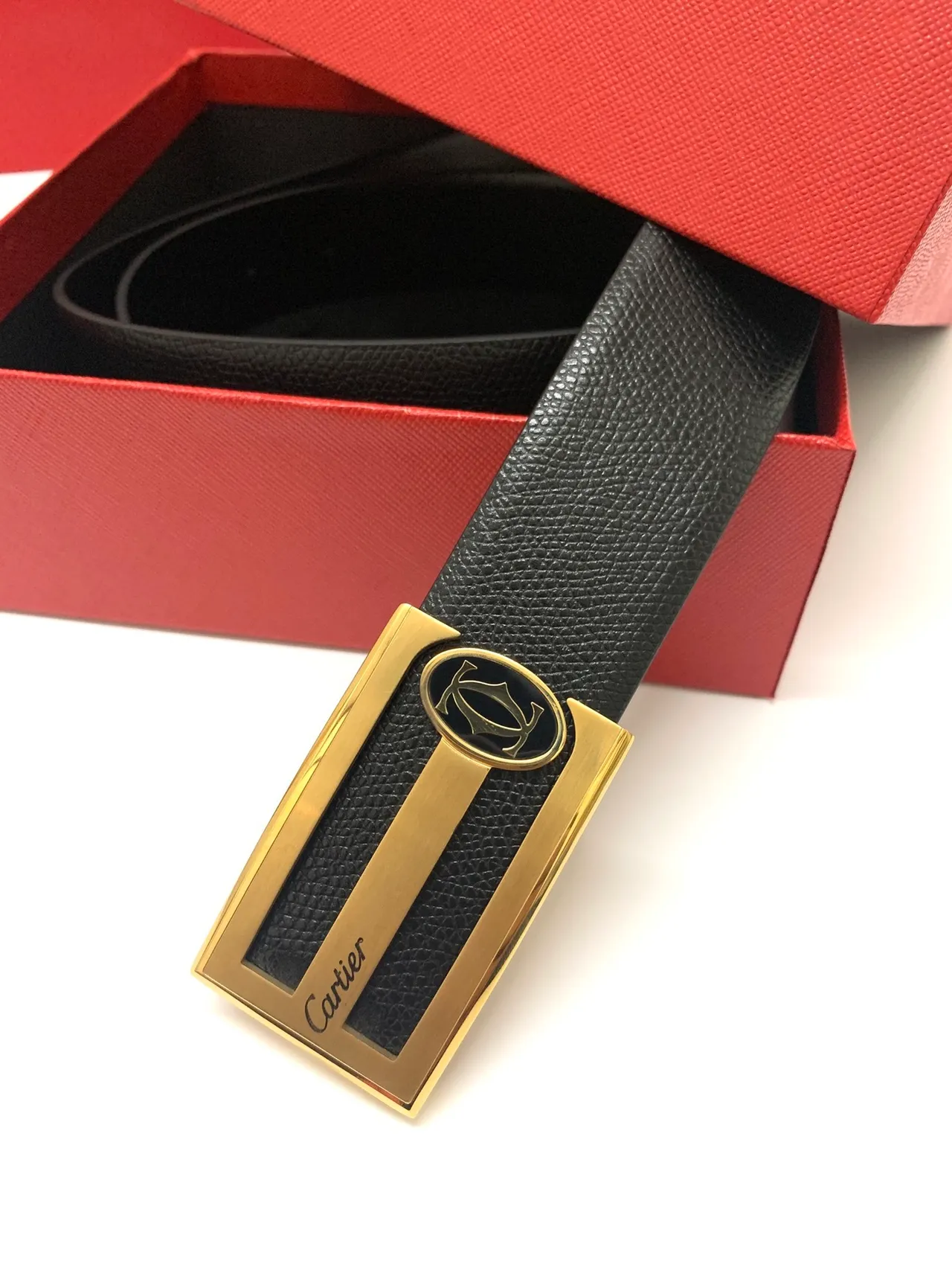 Cartier Black Gold Pebbled Rectangular Buckle Leather Belt 3