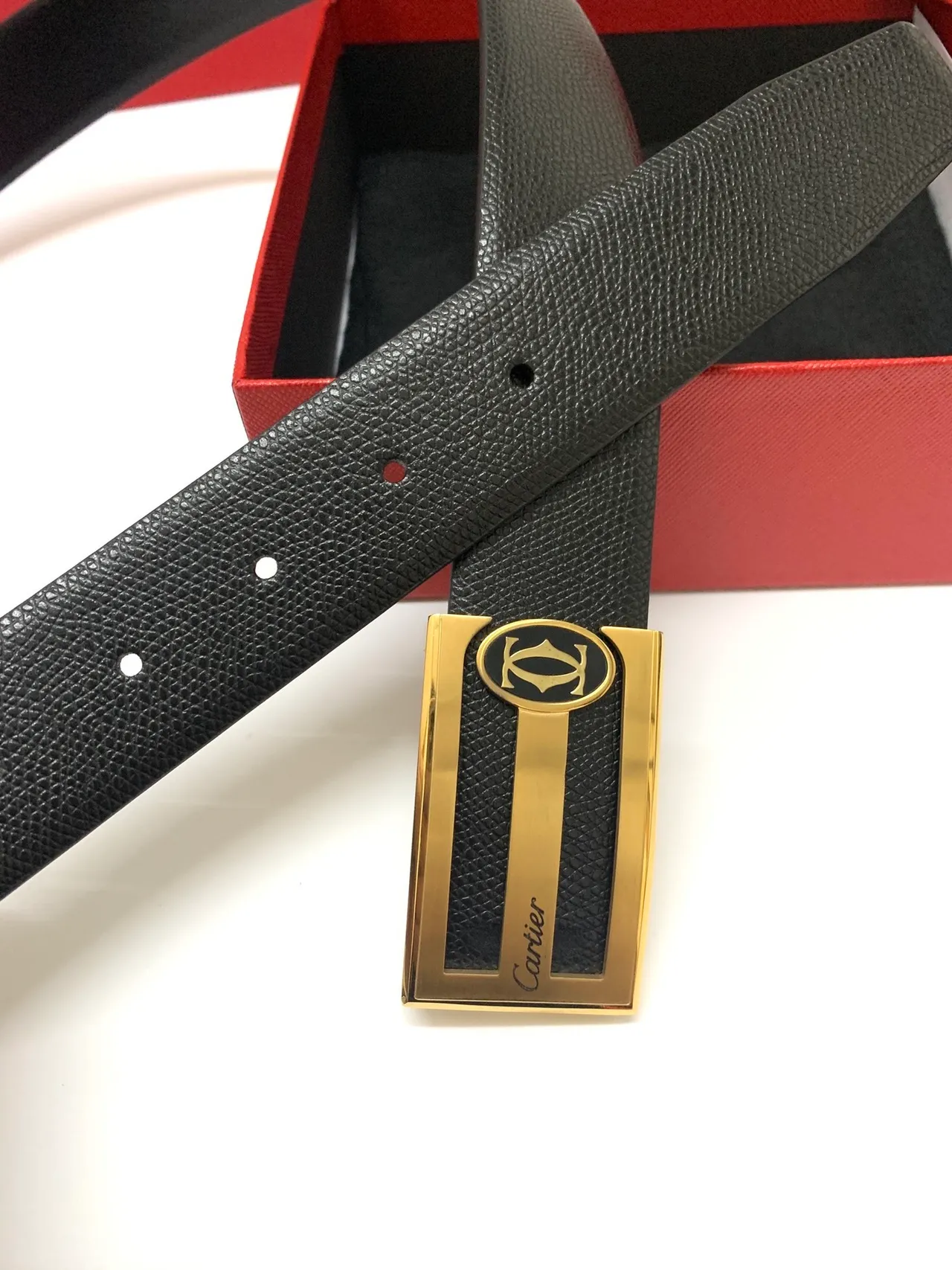Cartier Black Gold Pebbled Rectangular Buckle Leather Belt 4