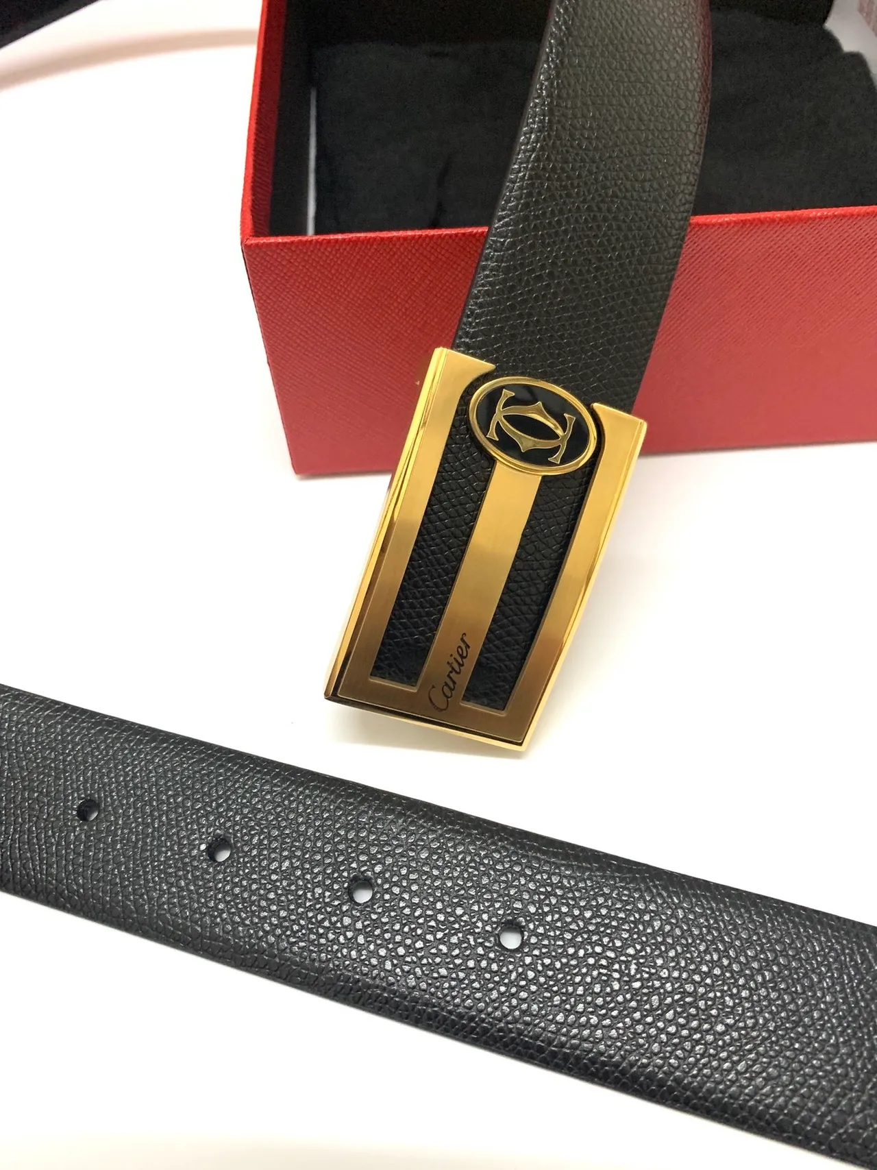 Cartier Black Gold Pebbled Rectangular Buckle Leather Belt 5