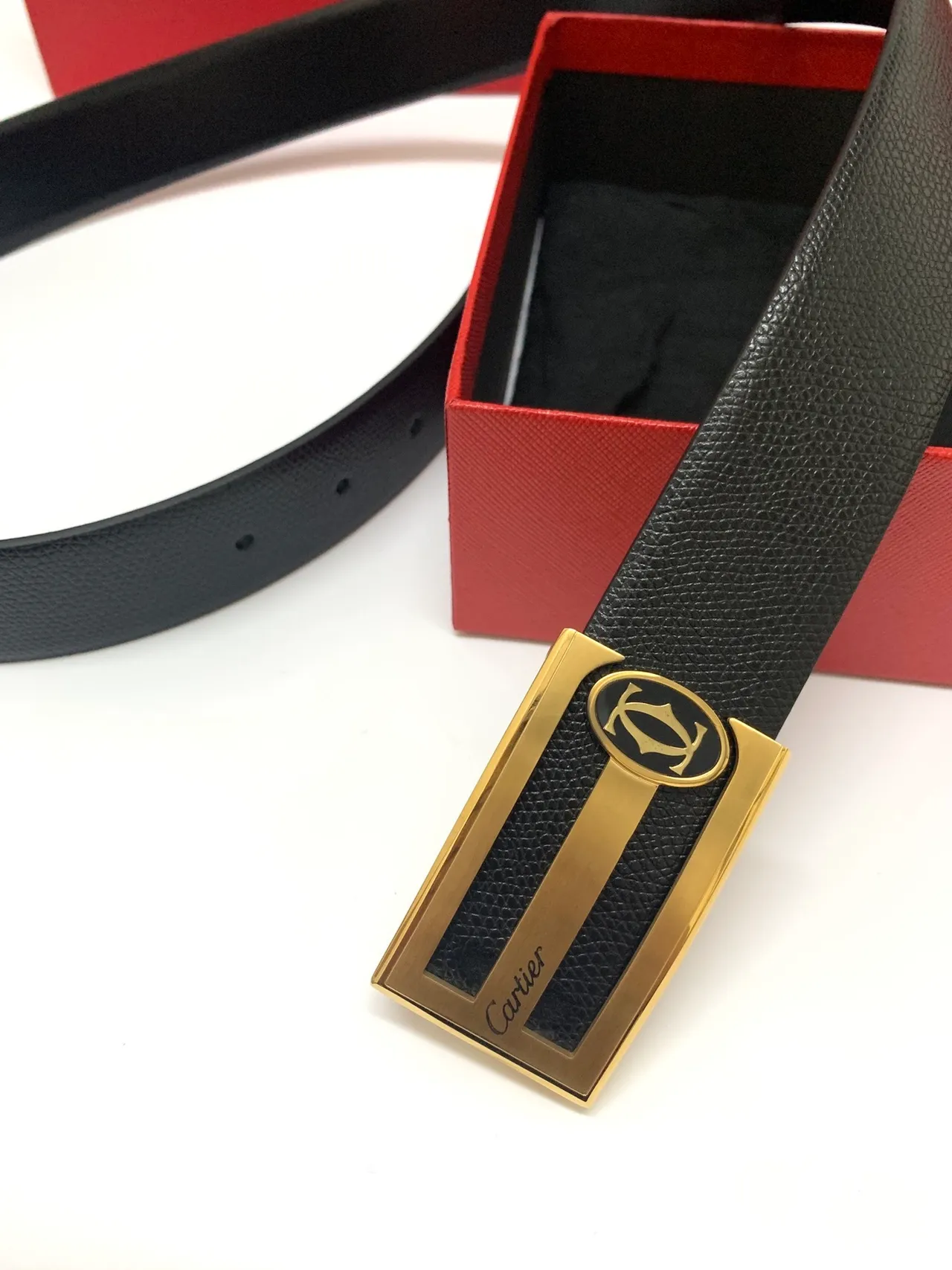 Cartier Black Gold Pebbled Rectangular Buckle Leather Belt 6