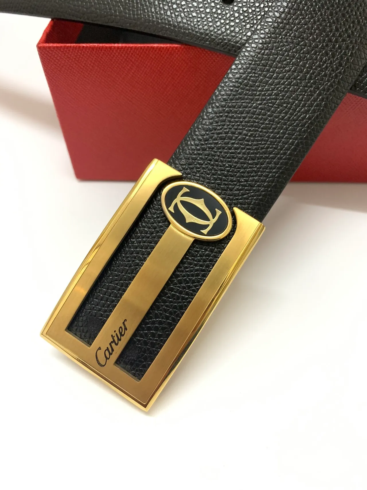 Cartier Black Gold Pebbled Rectangular Buckle Leather Belt 7