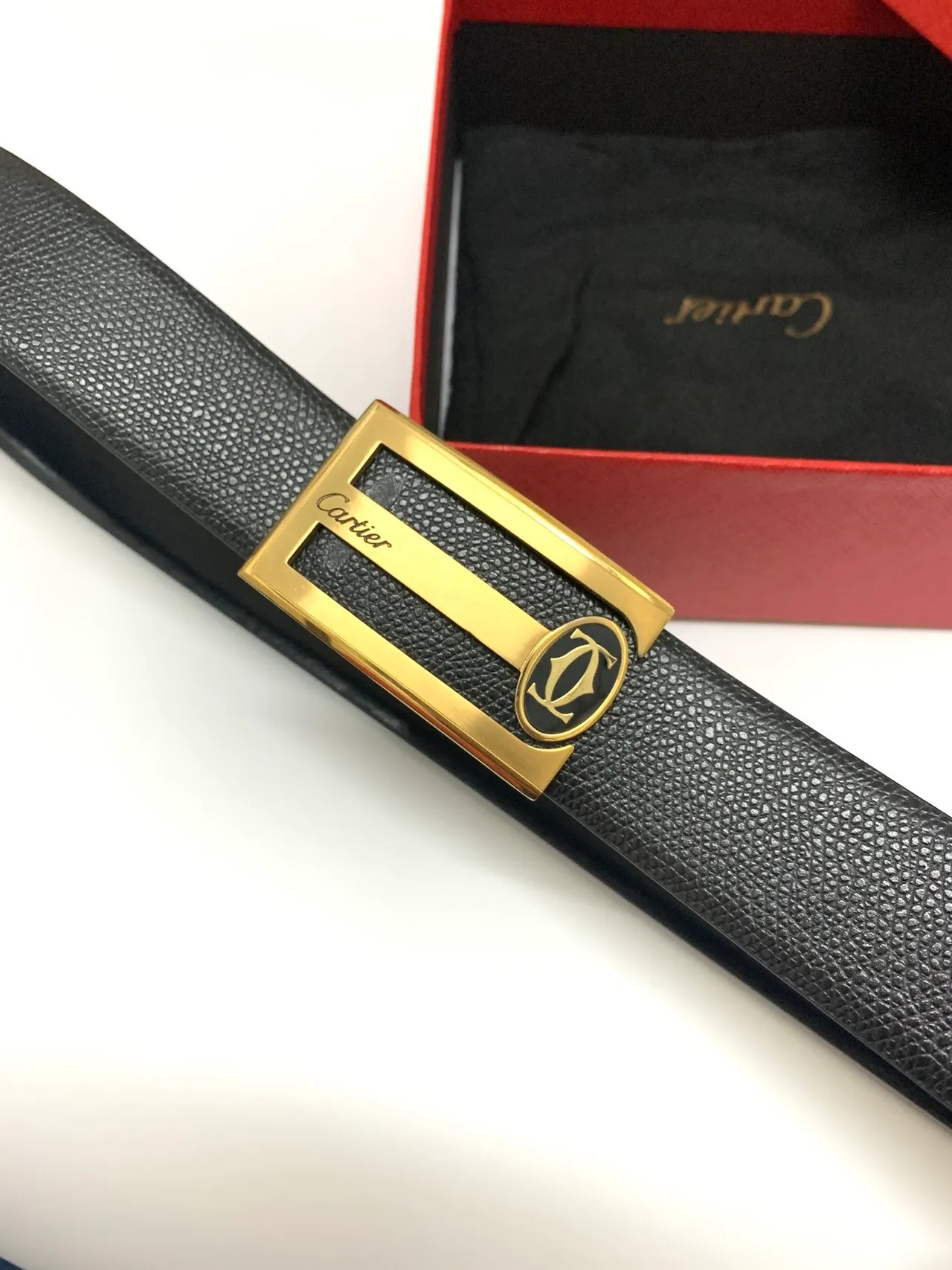 Cartier Black Gold Pebbled Rectangular Buckle Leather Belt 8