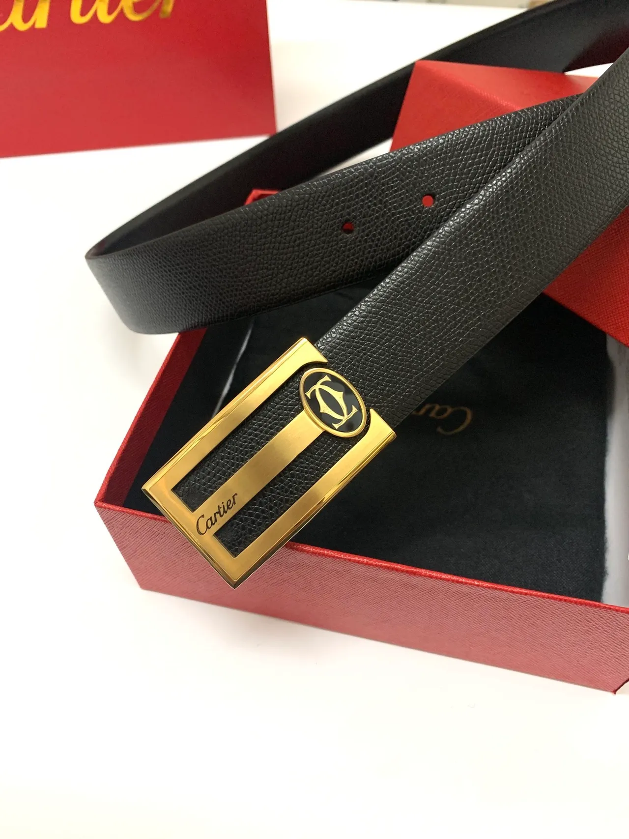 Cartier Black Gold Pebbled Rectangular Buckle Leather Belt 9