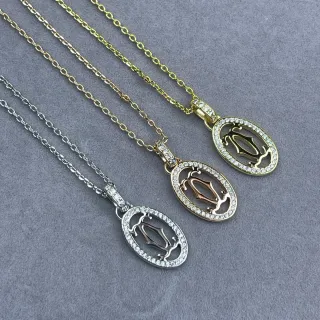 Cartier Gold Silver Oval Pendant Pavé Diamond Border Necklace