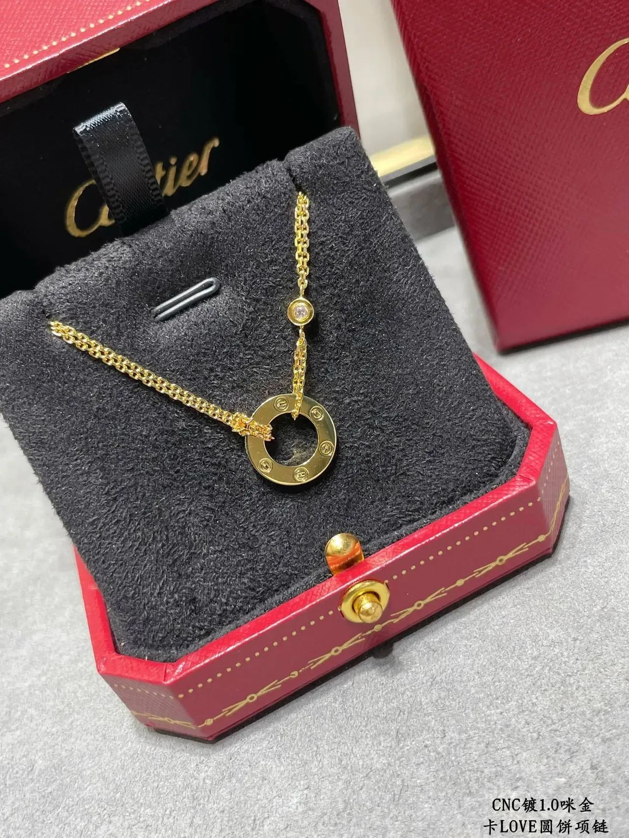 Cartier Love Gold Silver Circular Open-Ring Pendant Engraved Lettering Necklace 3