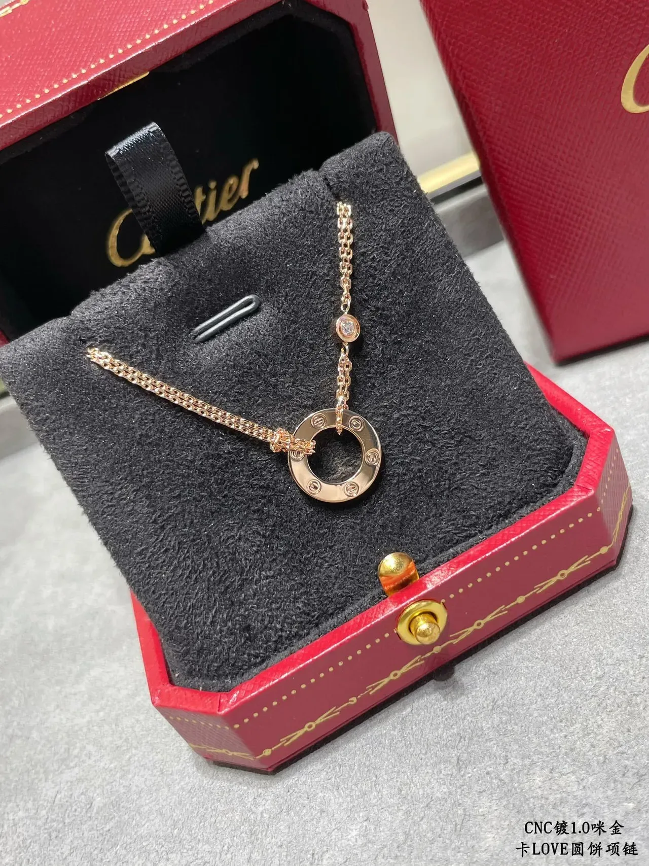 Cartier Love Gold Silver Circular Open-Ring Pendant Engraved Lettering Necklace 4
