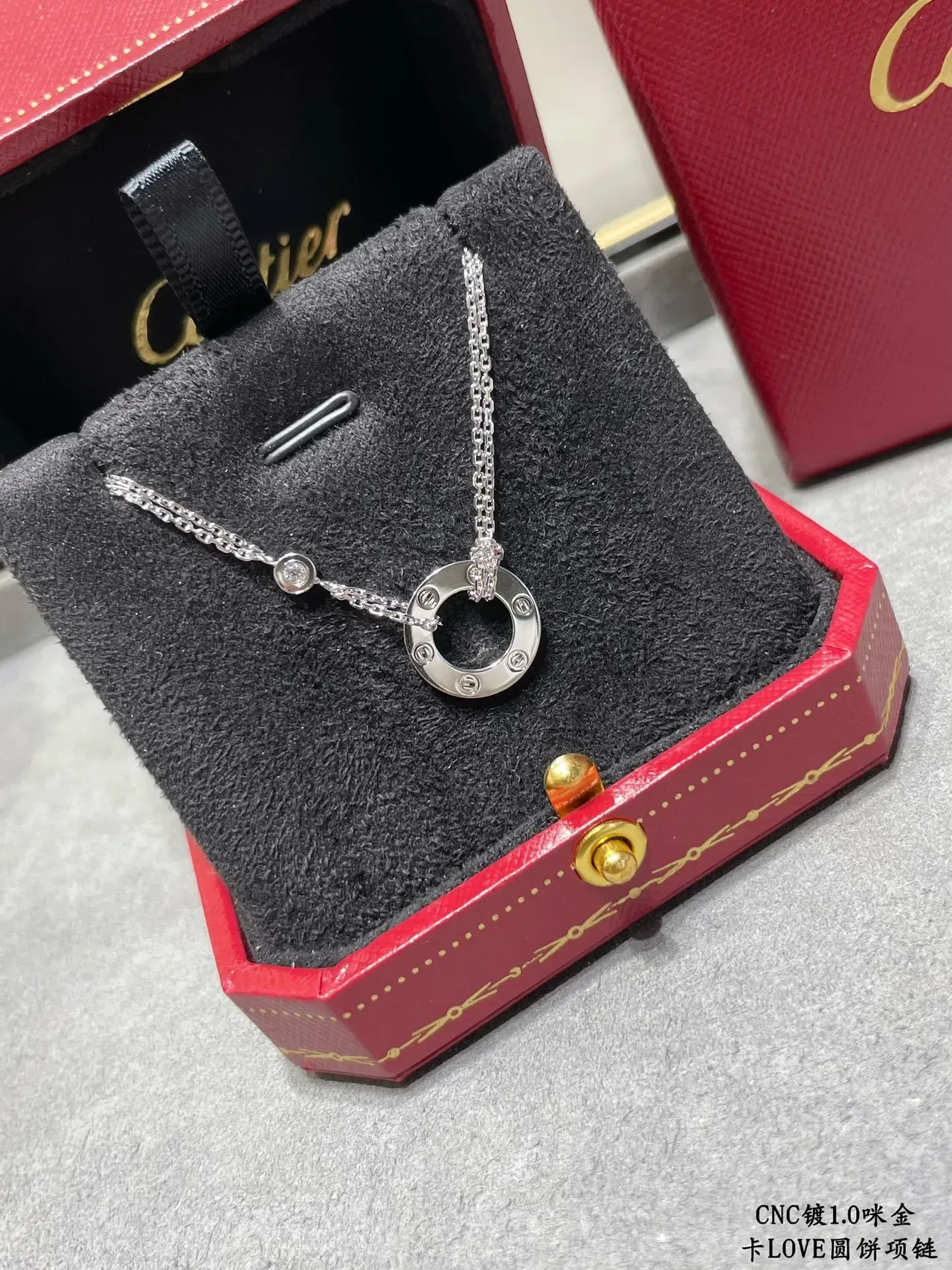 Cartier Love Gold Silver Circular Open-Ring Pendant Engraved Lettering Necklace 5