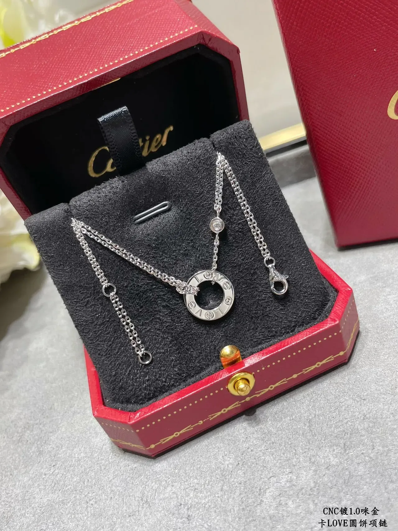 Cartier Love Gold Silver Circular Open-Ring Pendant Engraved Lettering Necklace 6