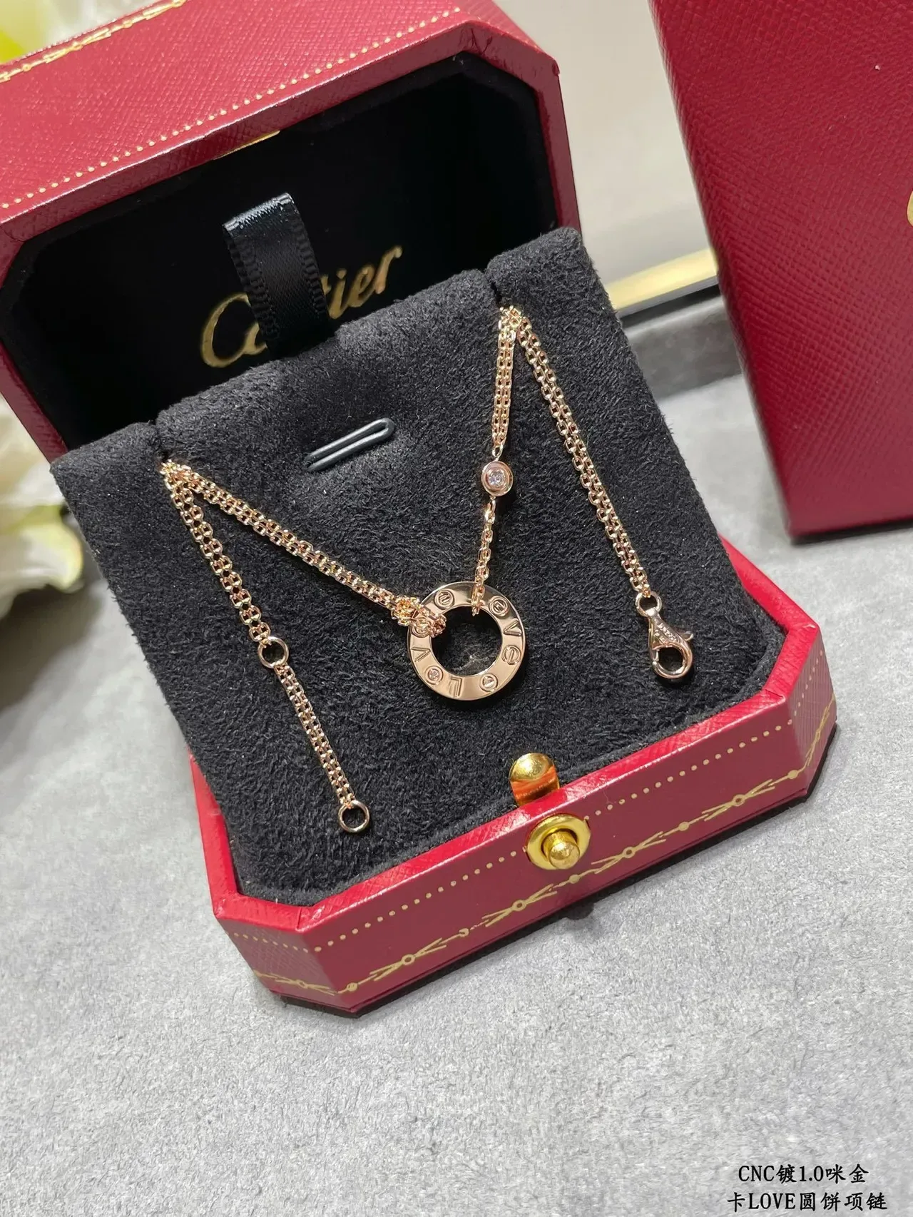 Cartier Love Gold Silver Circular Open-Ring Pendant Engraved Lettering Necklace 7