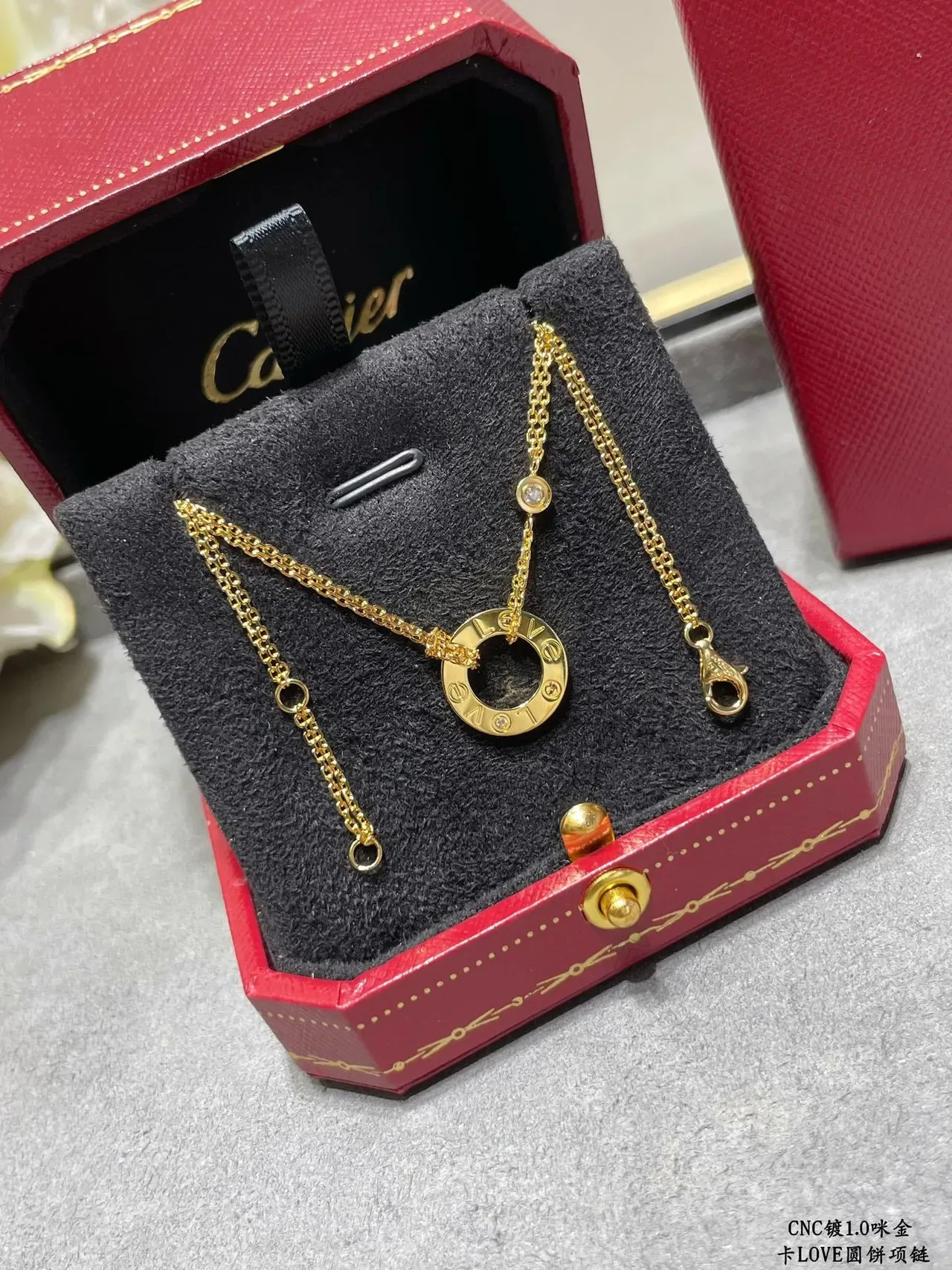 Cartier Love Gold Silver Circular Open-Ring Pendant Engraved Lettering Necklace 8
